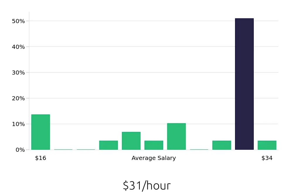 Graph depicting the hourly salary distribution for Account Manager jobs in Bay City, MI, showing an average salary of $31 with varying distribution percentages across salary ranges.