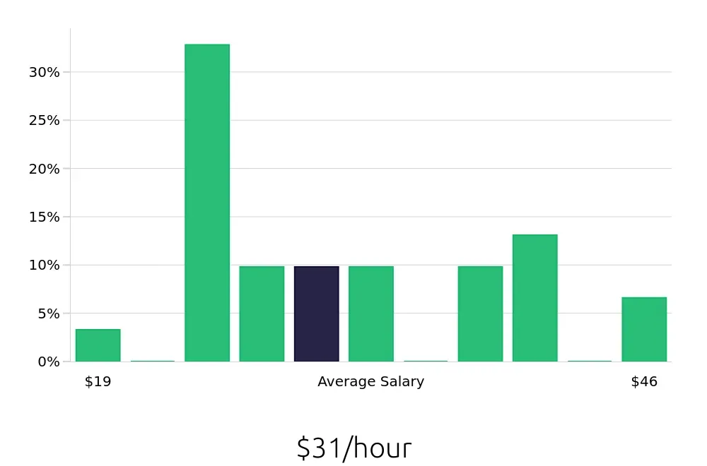 Graph depicting the hourly salary distribution for Account Manager jobs in Binghamton, NY, showing an average salary of $31 with varying distribution percentages across salary ranges.