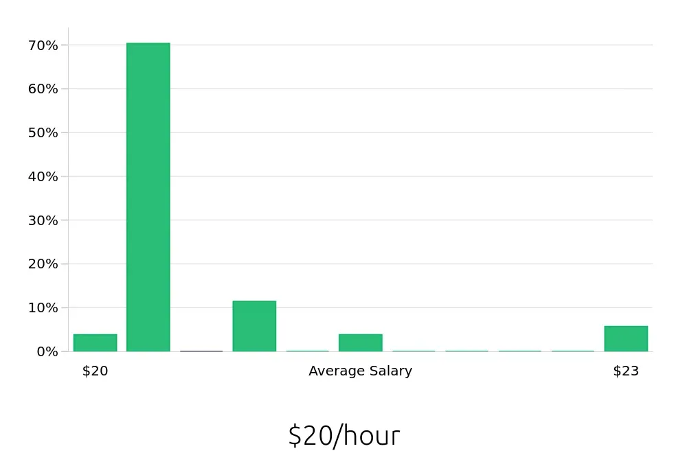 Graph depicting the hourly salary distribution for Auto Body Technician jobs in Seguin, TX, showing an average salary of $20 with varying distribution percentages across salary ranges.