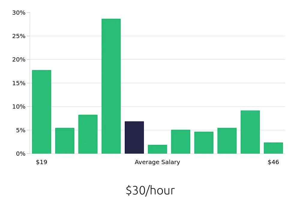 Graph depicting the hourly salary distribution for Branch Manager jobs in Albany, NY, showing an average salary of $30 with varying distribution percentages across salary ranges.