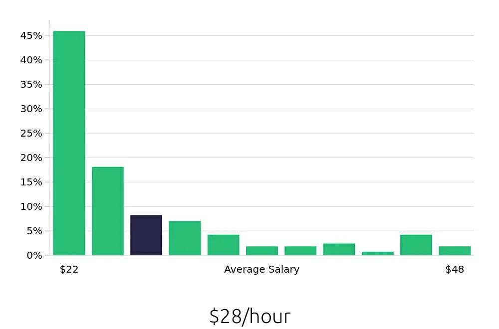 Graph depicting the hourly salary distribution for Branch Manager jobs in Omaha, NE, showing an average salary of $28 with varying distribution percentages across salary ranges.