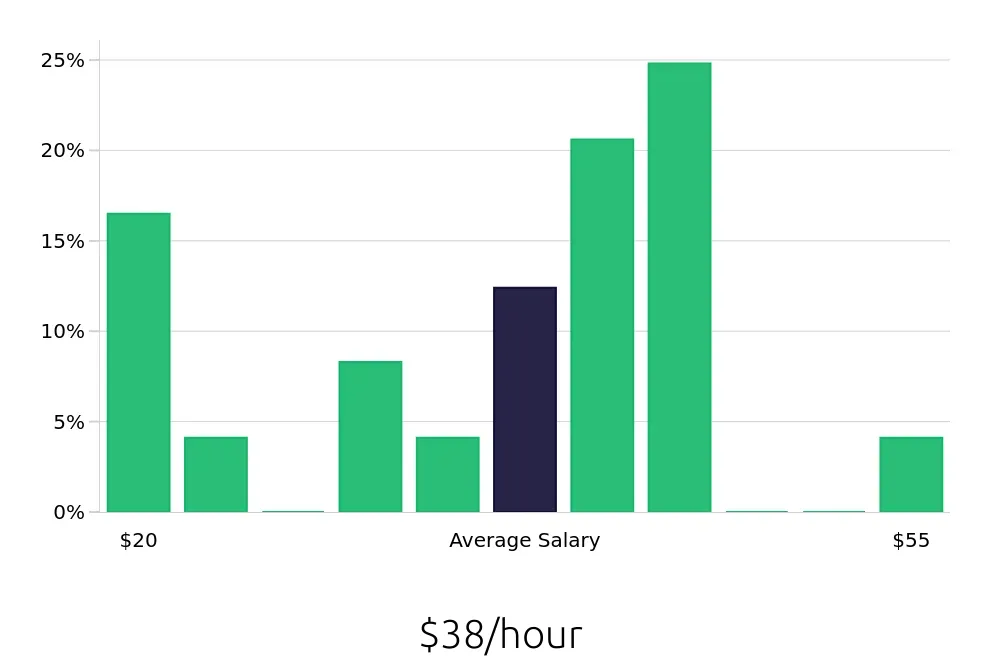 Graph depicting the hourly salary distribution for Branch Manager jobs in Vallejo, CA, showing an average salary of $38 with varying distribution percentages across salary ranges.