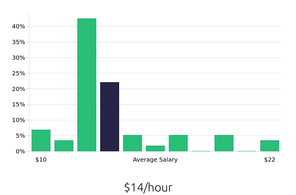 Graph depicting the hourly salary distribution for Busser jobs in Duluth, GA, showing an average salary of $14 with varying distribution percentages across salary ranges.