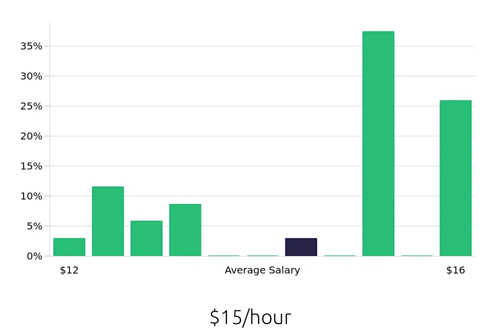 Graph depicting the hourly salary distribution for Busser jobs in Duncanville, TX, showing an average salary of $15 with varying distribution percentages across salary ranges.