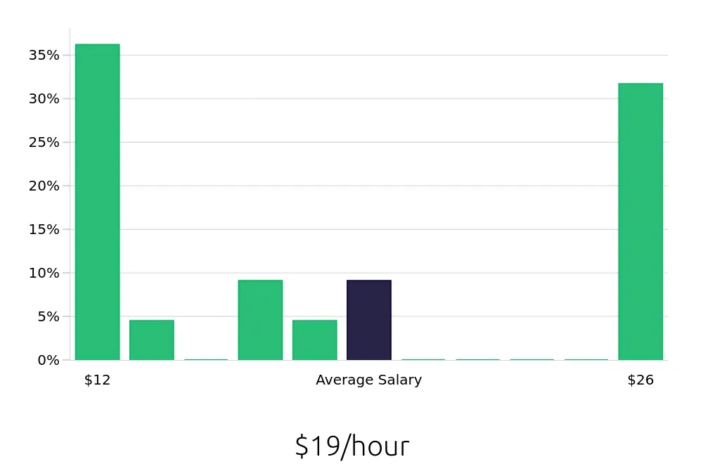 Graph depicting the hourly salary distribution for Busser jobs in Oswego, IL, showing an average salary of $19 with varying distribution percentages across salary ranges.