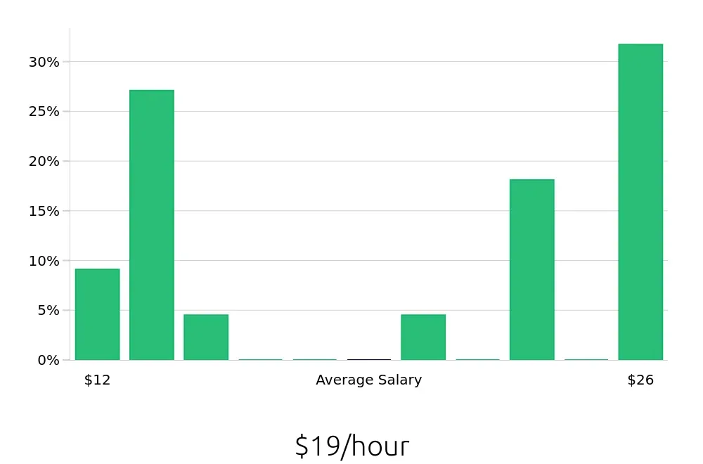 Graph depicting the hourly salary distribution for Busser jobs in Wausau, WI, showing an average salary of $19 with varying distribution percentages across salary ranges.