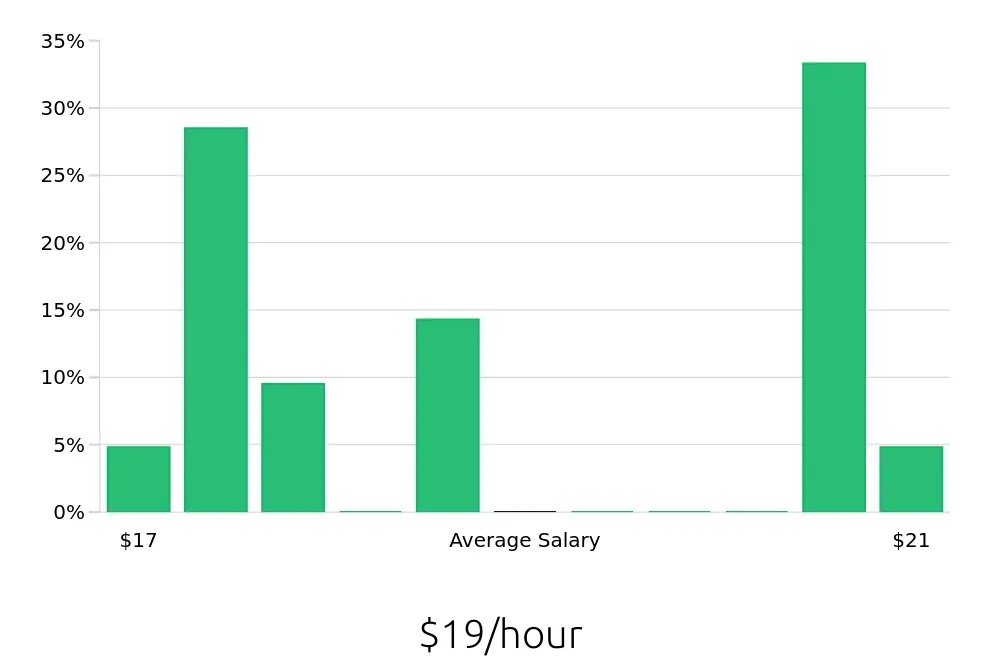 Graph depicting the hourly salary distribution for Cake Decorator jobs in Bakersfield, CA, showing an average salary of $19 with varying distribution percentages across salary ranges.