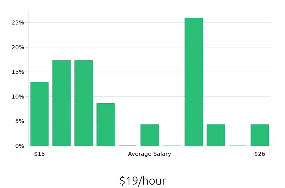 Graph depicting the hourly salary distribution for Cleaner jobs in Hyattsville, MD, showing an average salary of $19 with varying distribution percentages across salary ranges.