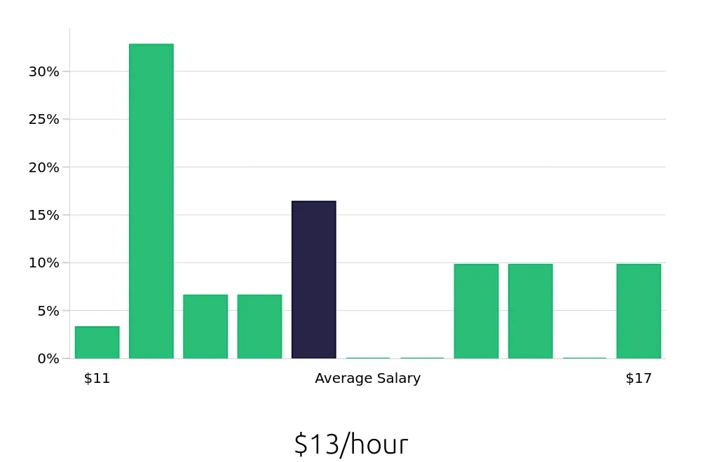 Graph depicting the hourly salary distribution for Cleaner jobs in Lancaster, SC, showing an average salary of $13 with varying distribution percentages across salary ranges.