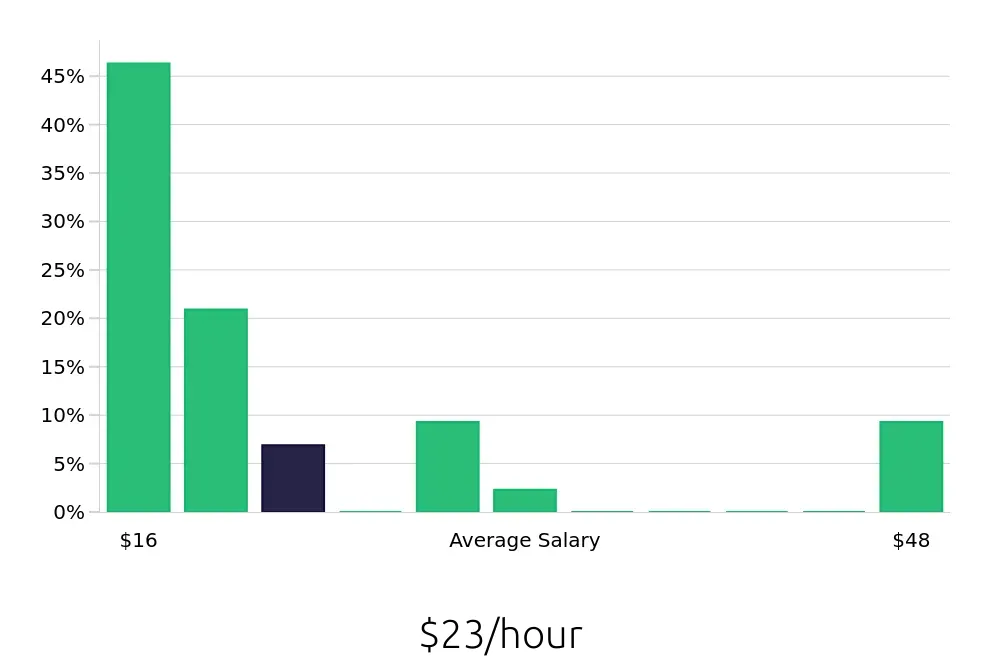 Graph depicting the hourly salary distribution for Cleaner jobs in Manhattan, NY, showing an average salary of $23 with varying distribution percentages across salary ranges.