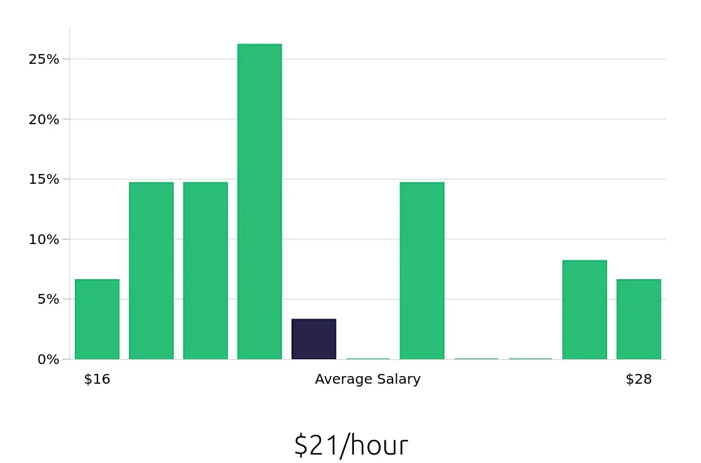 Graph depicting the hourly salary distribution for Cleaner jobs in Minneapolis-Saint Paul, MN, showing an average salary of $21 with varying distribution percentages across salary ranges.