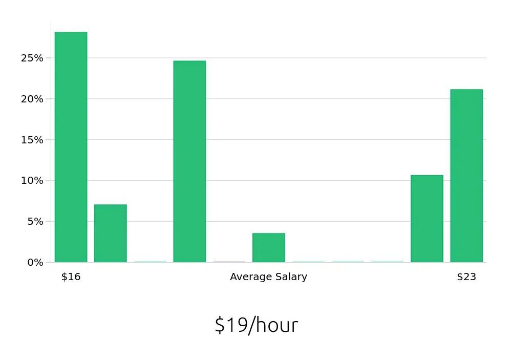 Graph depicting the hourly salary distribution for Cleaner jobs in North Hollywood, CA, showing an average salary of $19 with varying distribution percentages across salary ranges.