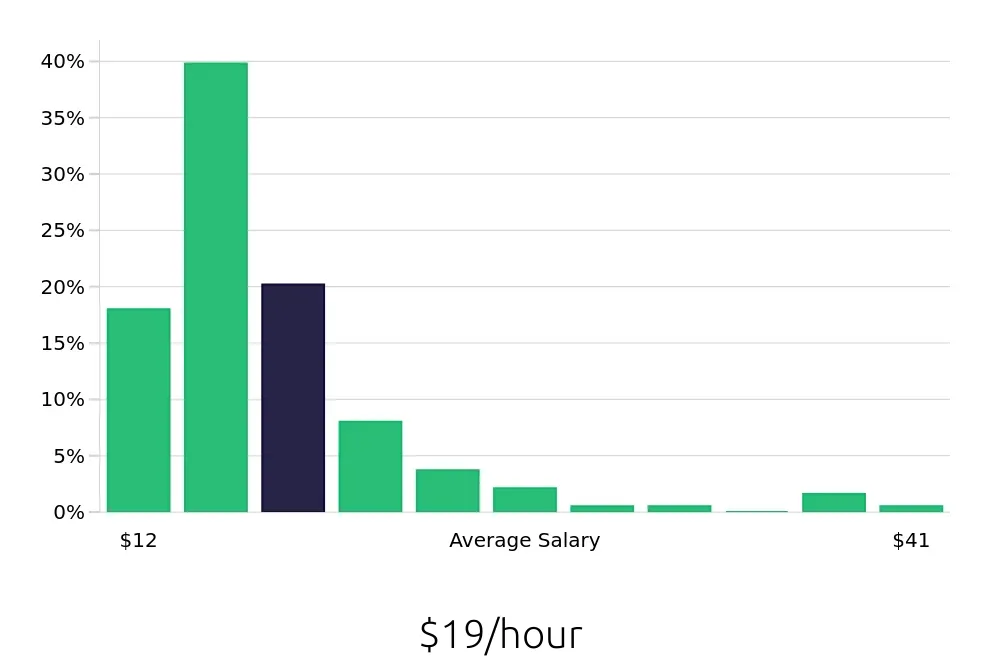 Graph depicting the hourly salary distribution for Concierge jobs in Tampa, FL, showing an average salary of $19 with varying distribution percentages across salary ranges.