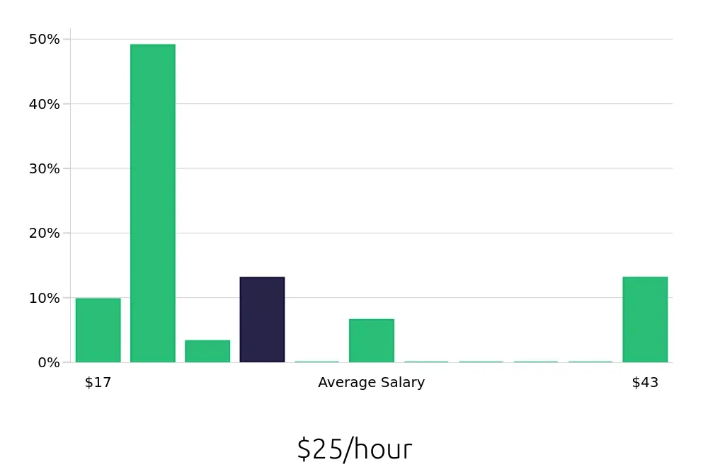 Graph depicting the hourly salary distribution for Construction Laborer jobs in Brooklyn, NY, showing an average salary of $25 with varying distribution percentages across salary ranges.