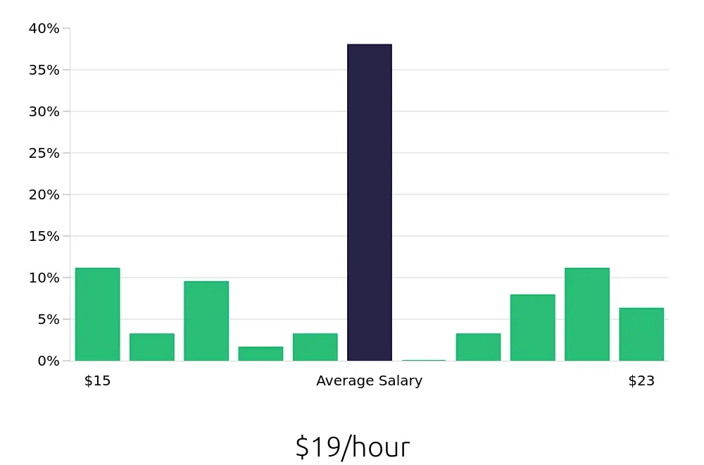 Graph depicting the hourly salary distribution for Construction Laborer jobs in Clearwater, FL, showing an average salary of $19 with varying distribution percentages across salary ranges.