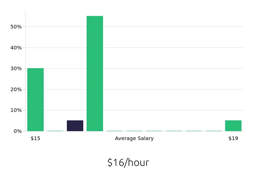 Graph depicting the hourly salary distribution for Construction Laborer jobs in Mount Airy, NC, showing an average salary of $16 with varying distribution percentages across salary ranges.