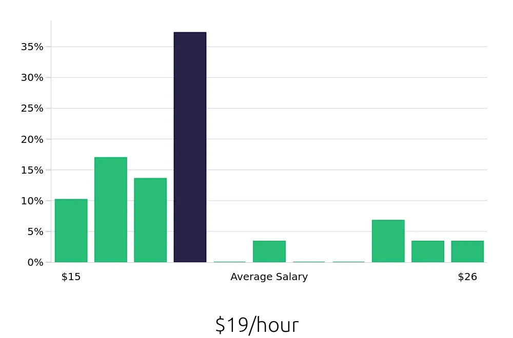 Graph depicting the hourly salary distribution for Construction Laborer jobs in Winchester, VA, showing an average salary of $19 with varying distribution percentages across salary ranges.
