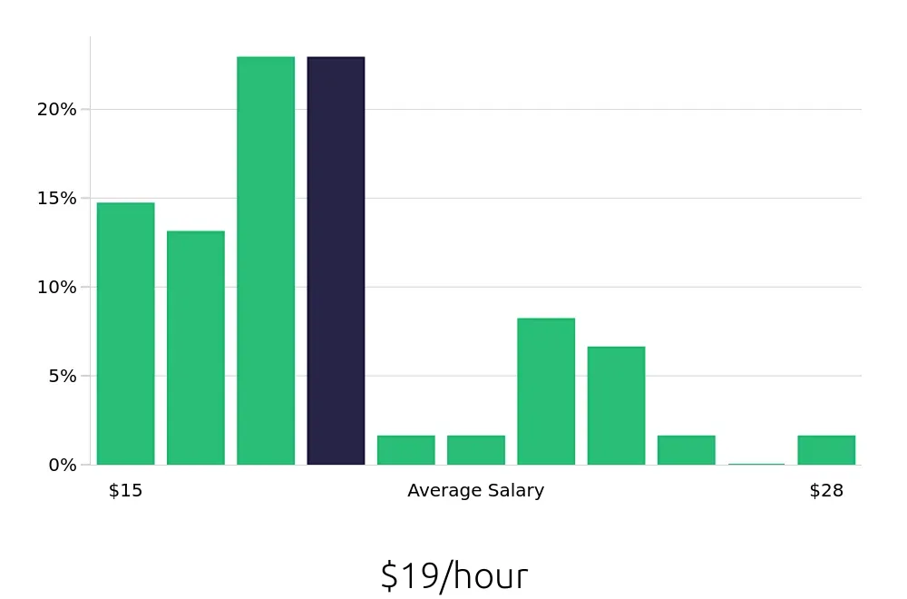 Graph depicting the hourly salary distribution for Custodian jobs in Fort Wayne, IN, showing an average salary of $19 with varying distribution percentages across salary ranges.