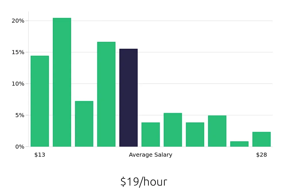Graph depicting the hourly salary distribution for Customer Service Representative jobs in Rochester, MN, showing an average salary of $19 with varying distribution percentages across salary ranges.