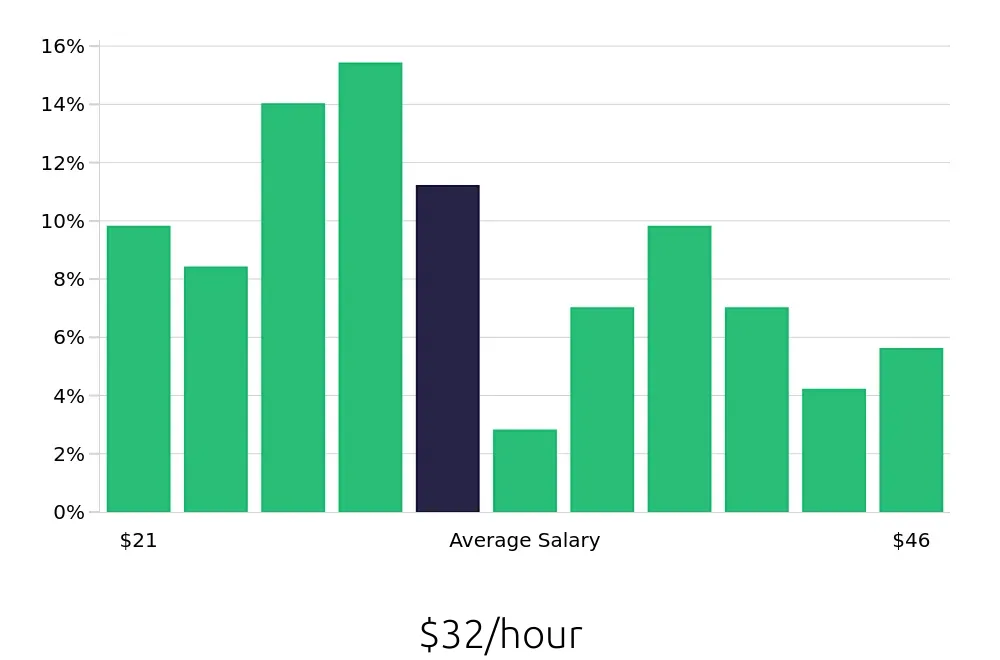 Graph depicting the hourly salary distribution for Data Analyst jobs in Rochester, NY, showing an average salary of $32 with varying distribution percentages across salary ranges.