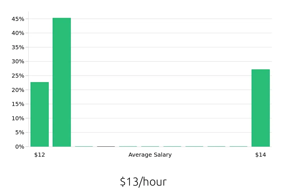 Graph depicting the hourly salary distribution for Direct Support Professional jobs in LaGrange, GA, showing an average salary of $13 with varying distribution percentages across salary ranges.