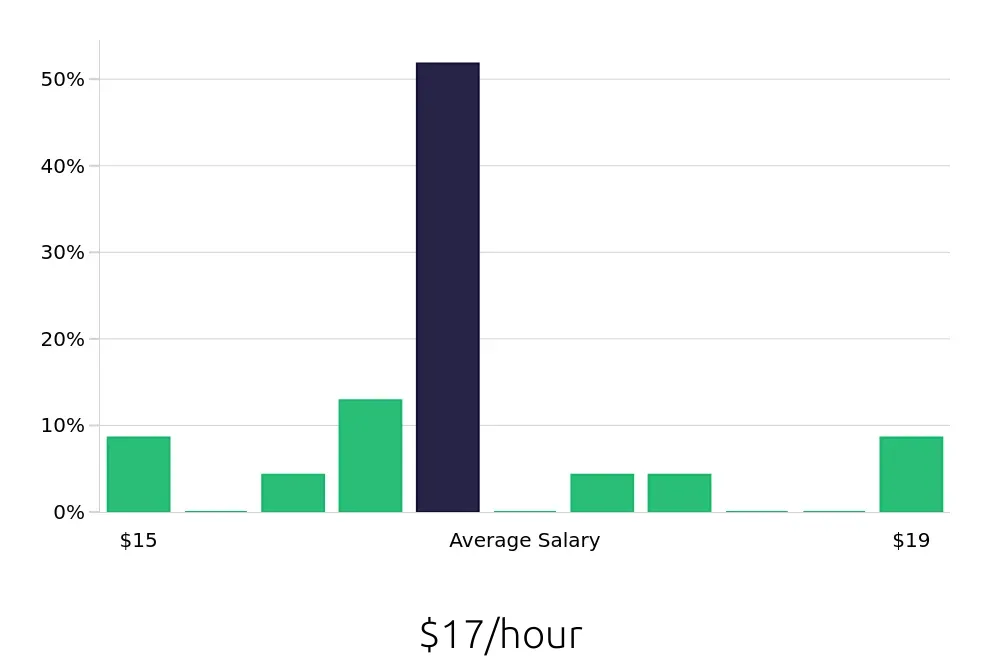 Graph depicting the hourly salary distribution for Direct Support Professional jobs in Nanuet, NY, showing an average salary of $17 with varying distribution percentages across salary ranges.