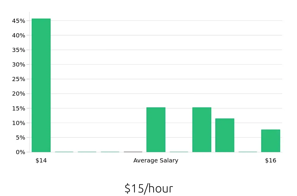 Graph depicting the hourly salary distribution for Direct Support Professional jobs in Rochester Hills, MI, showing an average salary of $15 with varying distribution percentages across salary ranges.