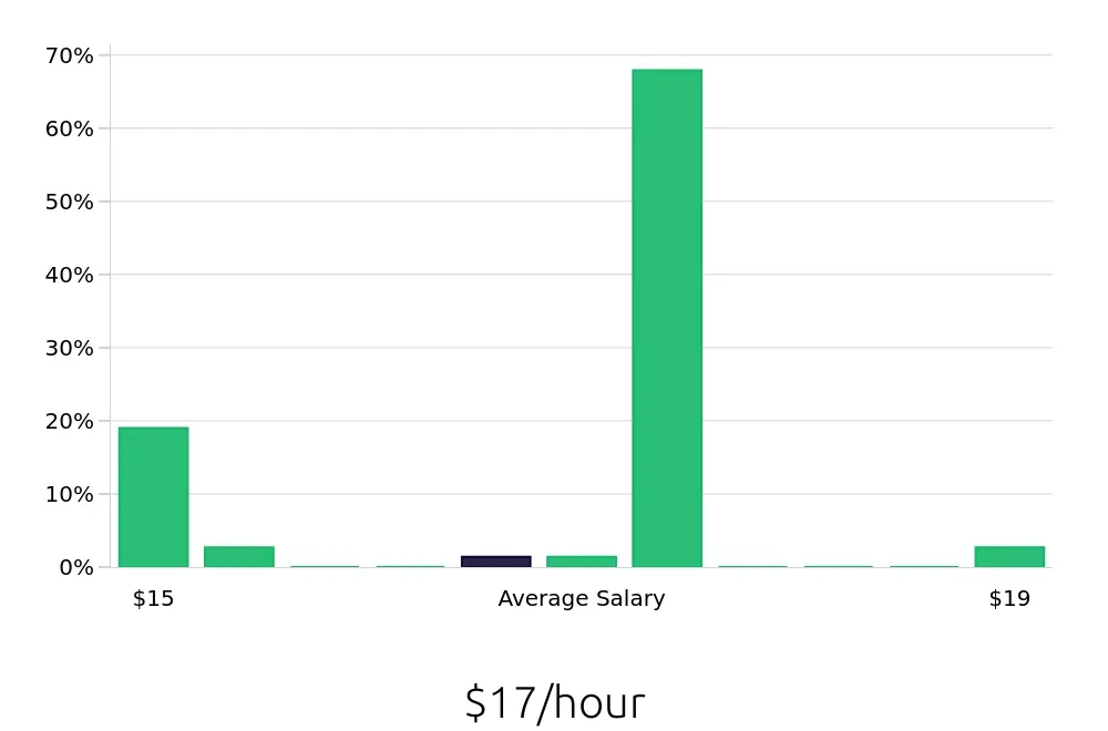 Graph depicting the hourly salary distribution for Direct Support Professional jobs in Santa Fe, NM, showing an average salary of $17 with varying distribution percentages across salary ranges.