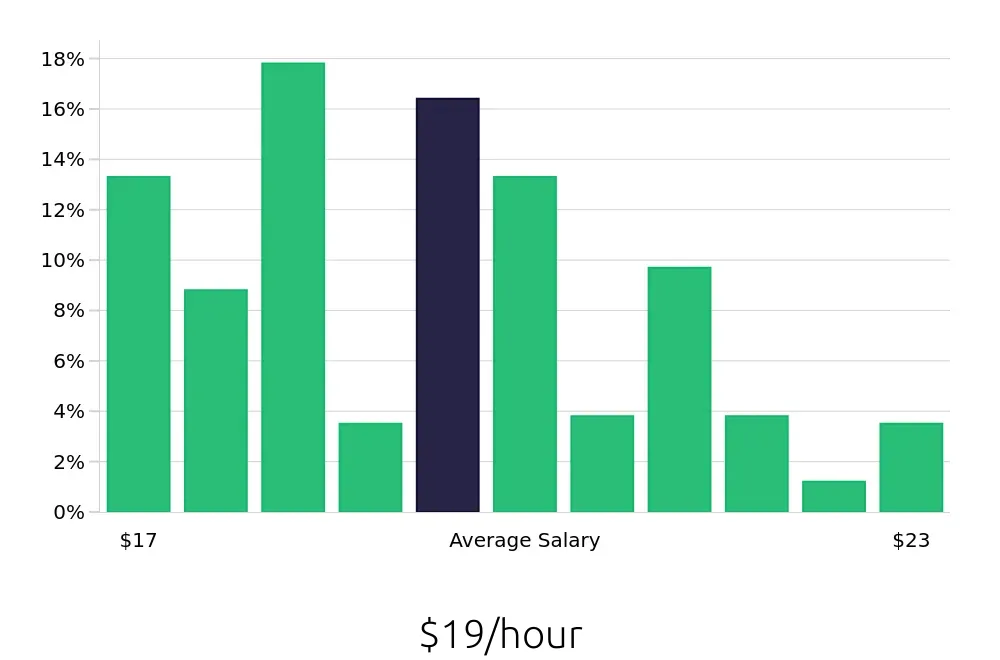 Graph depicting the hourly salary distribution for Direct Support Professional jobs in Township of Brick, NJ, showing an average salary of $19 with varying distribution percentages across salary ranges.
