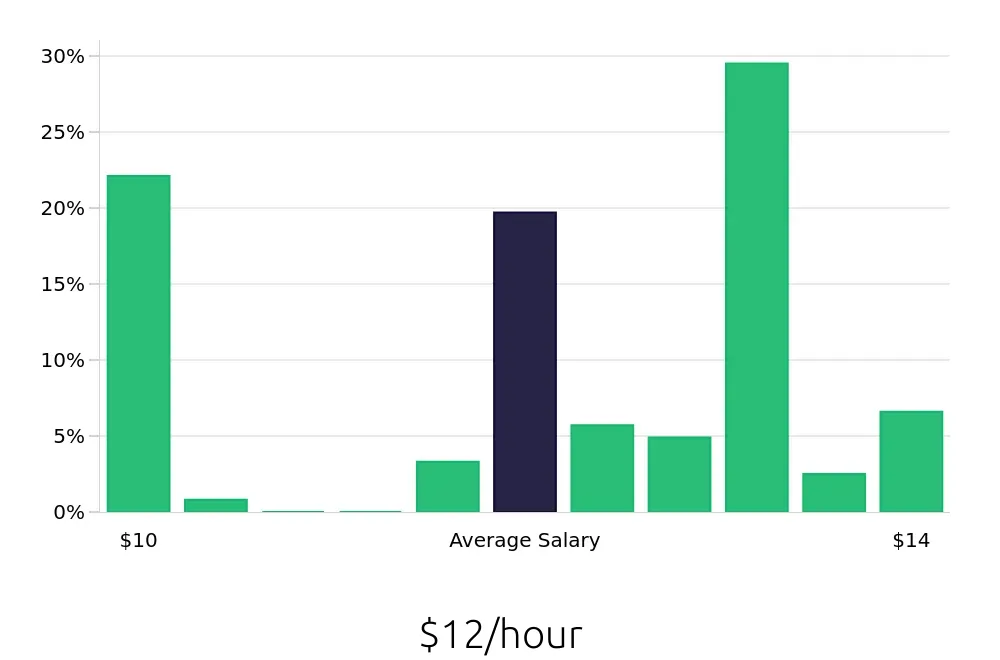 Graph depicting the hourly salary distribution for Dishwasher jobs in Morristown, TN, showing an average salary of $12 with varying distribution percentages across salary ranges.