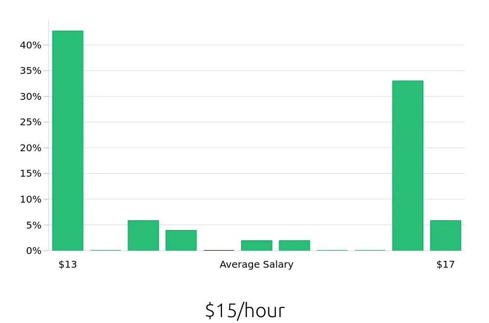 Graph depicting the hourly salary distribution for Dishwasher jobs in Salem, NH, showing an average salary of $15 with varying distribution percentages across salary ranges.