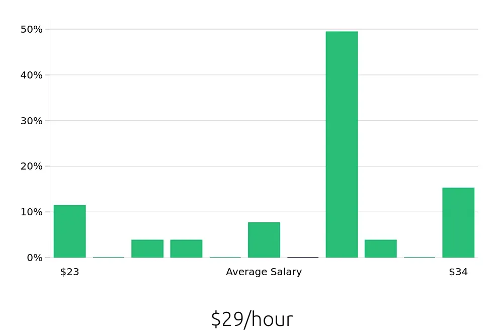 Graph depicting the hourly salary distribution for Electrician jobs in McDonough, GA, showing an average salary of $29 with varying distribution percentages across salary ranges.