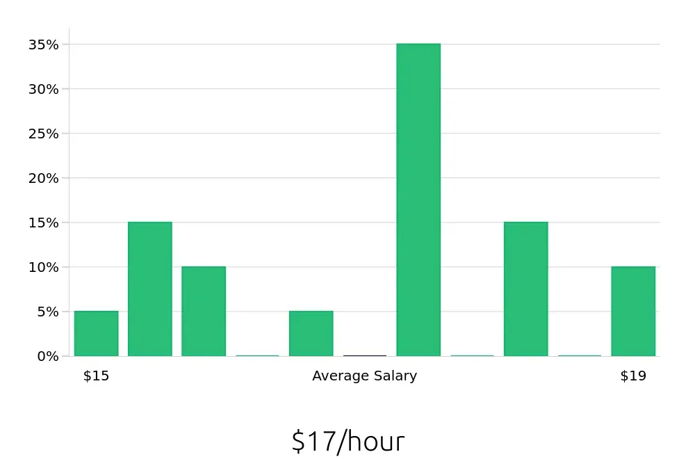 Graph depicting the hourly salary distribution for General Laborer jobs in Saratoga Springs, NY, showing an average salary of $17 with varying distribution percentages across salary ranges.