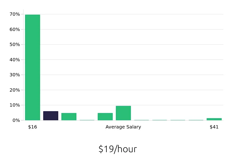 Graph depicting the hourly salary distribution for Hair Stylist jobs in Roseville, CA, showing an average salary of $19 with varying distribution percentages across salary ranges.