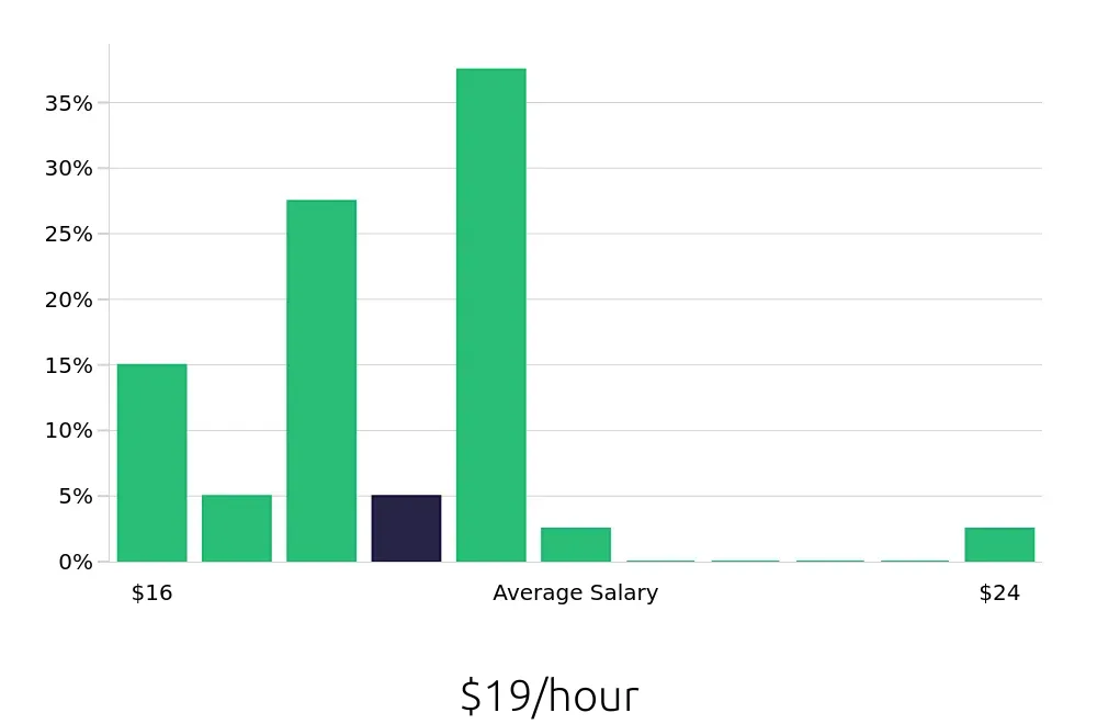 Graph depicting the hourly salary distribution for Home Health Aide jobs in Rockaway, NJ, showing an average salary of $19 with varying distribution percentages across salary ranges.