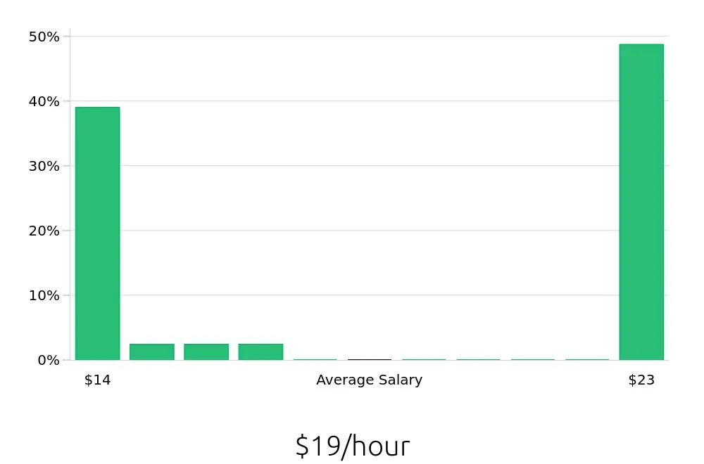 Graph depicting the hourly salary distribution for Housekeeping jobs in Ellicott City, MD, showing an average salary of $19 with varying distribution percentages across salary ranges.