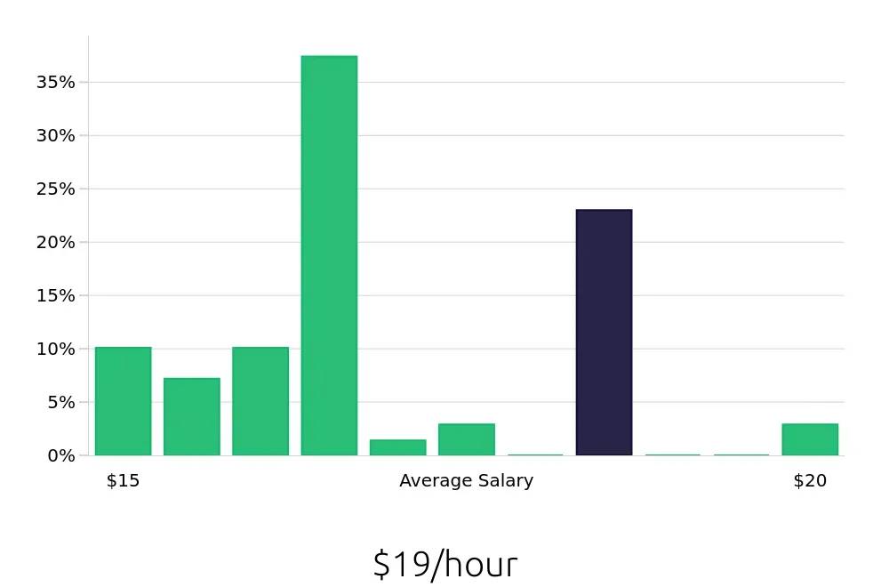 Graph depicting the hourly salary distribution for In Home Caregiver jobs in Bronx, NY, showing an average salary of $19 with varying distribution percentages across salary ranges.