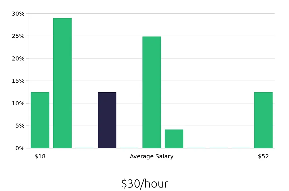 Graph depicting the hourly salary distribution for Insurance Agent jobs in East Syracuse, NY, showing an average salary of $30 with varying distribution percentages across salary ranges.