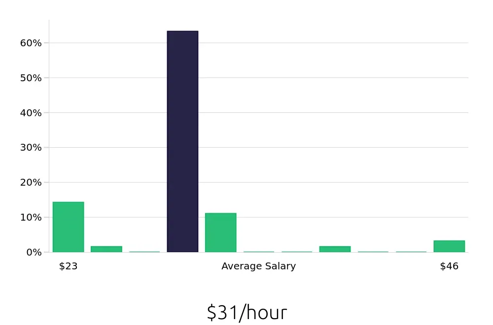 Graph depicting the hourly salary distribution for Insurance Agent jobs in Edison, NJ, showing an average salary of $31 with varying distribution percentages across salary ranges.