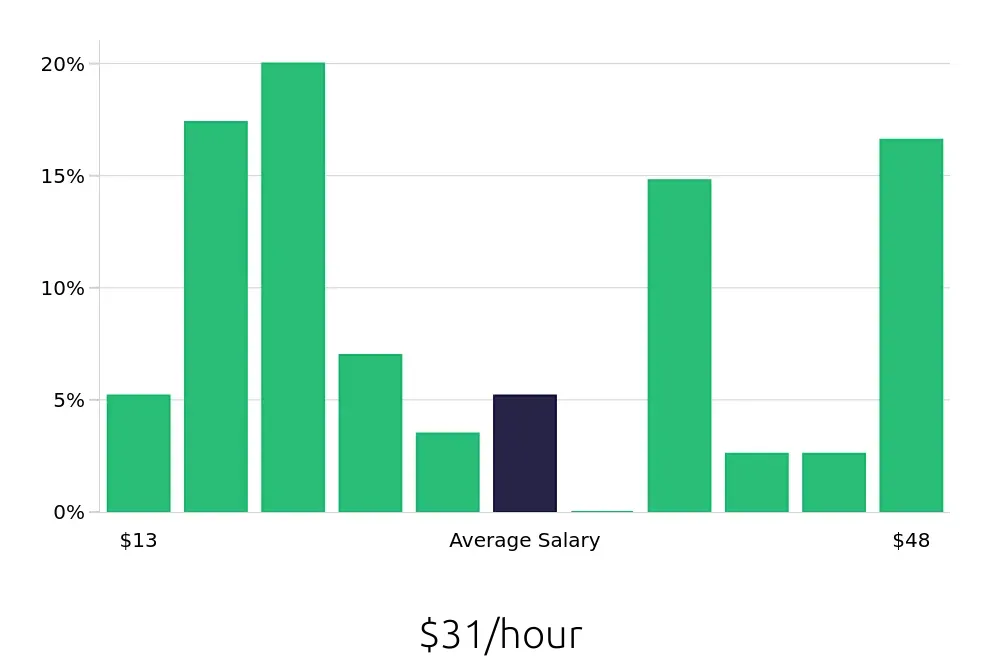 Graph depicting the hourly salary distribution for Insurance Agent jobs in Fort Mill, SC, showing an average salary of $31 with varying distribution percentages across salary ranges.