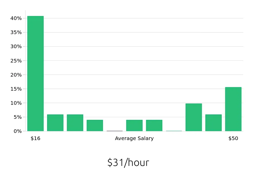 Graph depicting the hourly salary distribution for Insurance Agent jobs in Smyrna, TN, showing an average salary of $31 with varying distribution percentages across salary ranges.