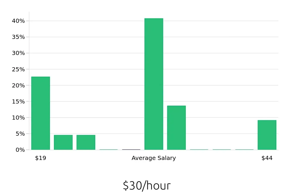 Graph depicting the hourly salary distribution for Insurance Agent jobs in Somerset, NJ, showing an average salary of $30 with varying distribution percentages across salary ranges.