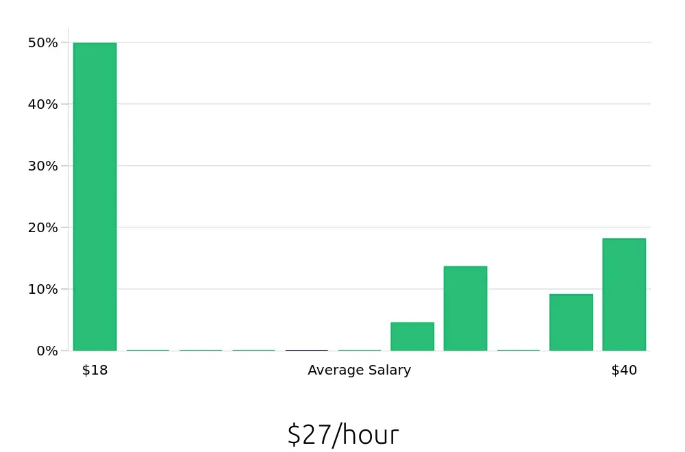 Graph depicting the hourly salary distribution for Kitchen Manager jobs in Arlington, VA, showing an average salary of $27 with varying distribution percentages across salary ranges.