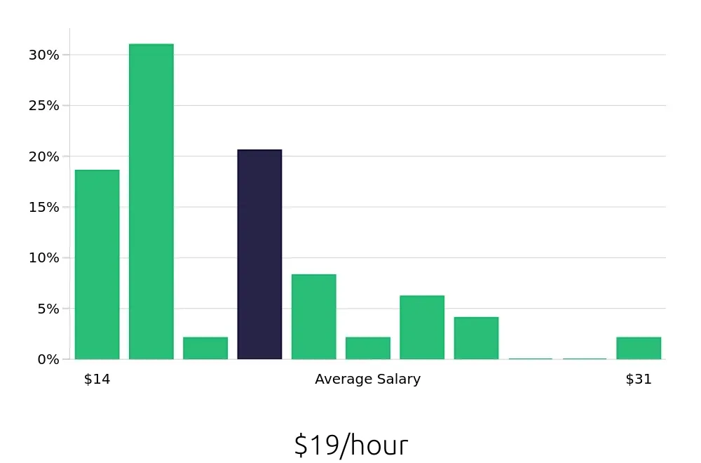 Graph depicting the hourly salary distribution for Kitchen Manager jobs in Sioux Falls, SD, showing an average salary of $19 with varying distribution percentages across salary ranges.
