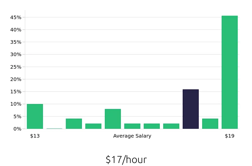 Graph depicting the hourly salary distribution for Laborer jobs in Duluth, GA, showing an average salary of $17 with varying distribution percentages across salary ranges.