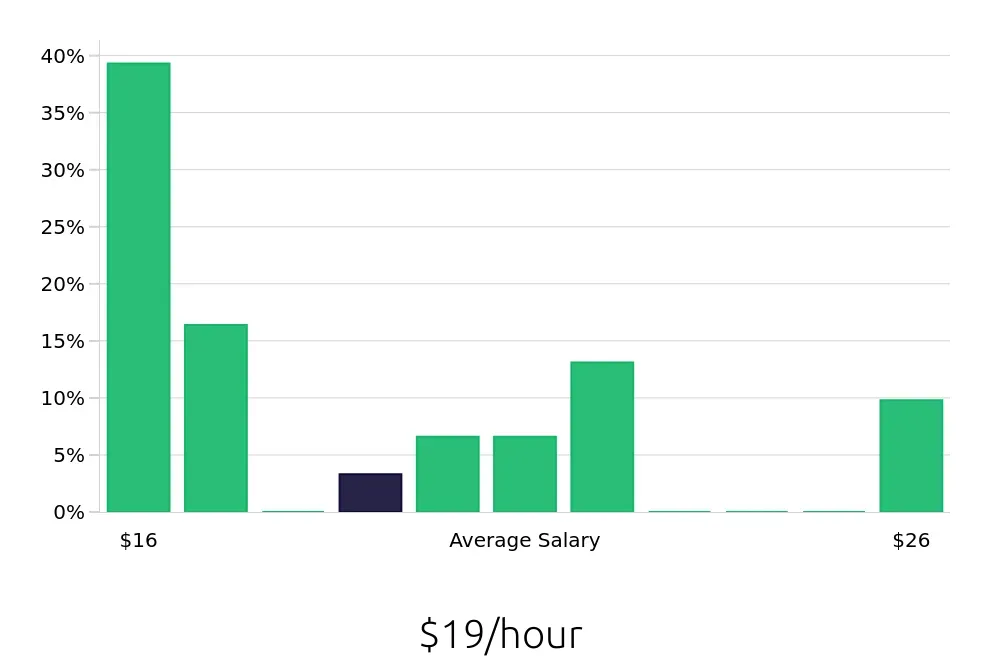 Graph depicting the hourly salary distribution for Leasing Consultant jobs in Bethlehem, PA, showing an average salary of $19 with varying distribution percentages across salary ranges.