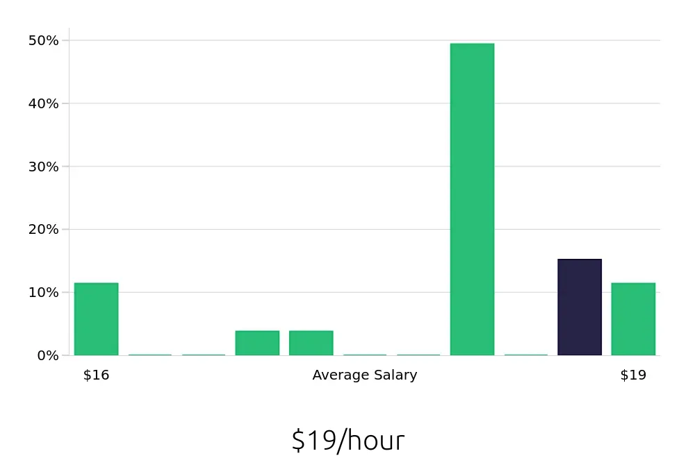 Graph depicting the hourly salary distribution for Leasing Consultant jobs in Carson City, NV, showing an average salary of $19 with varying distribution percentages across salary ranges.