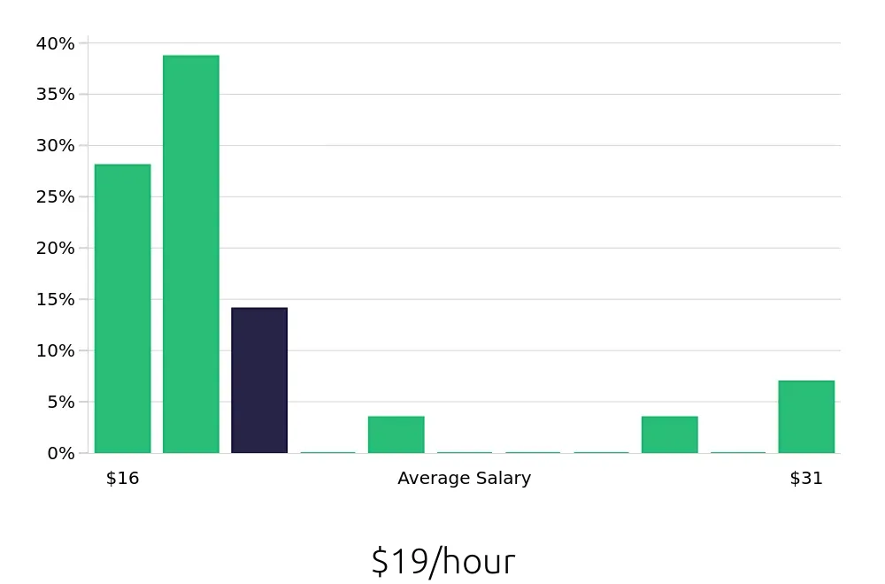 Graph depicting the hourly salary distribution for Leasing Consultant jobs in Minnetonka, MN, showing an average salary of $19 with varying distribution percentages across salary ranges.