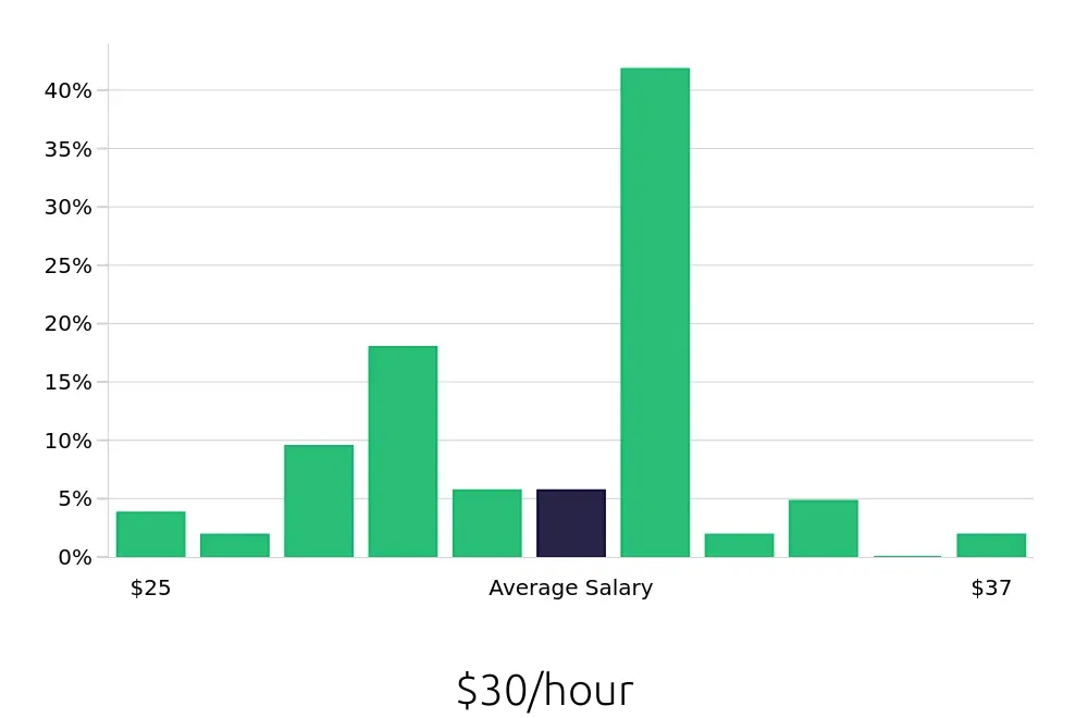 Graph depicting the hourly salary distribution for Licensed Practical Nurse jobs in Lake Havasu City, AZ, showing an average salary of $30 with varying distribution percentages across salary ranges.