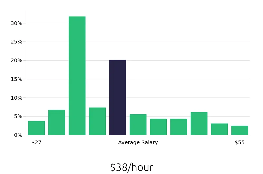 Graph depicting the hourly salary distribution for Licensed Practical Nurse jobs in Rochester, NH, showing an average salary of $38 with varying distribution percentages across salary ranges.